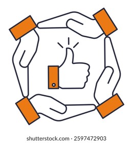 Four hands surrounding a thumbs-up representing approval workflow, trust-based business decisions, employee recognition, and collaborative leadership
