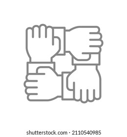 Cuatro manos, icono de la línea de trabajo del equipo. Unidad, solidaridad, símbolo de unidad