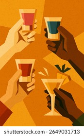 Four hands toasting with colorful shots and tropical cocktail