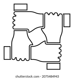 Four hands together concept teamwork united teamleading Arm interlocking with each other on wrist jointly collaboration contour outline icon black color vector illustration flat style simple image