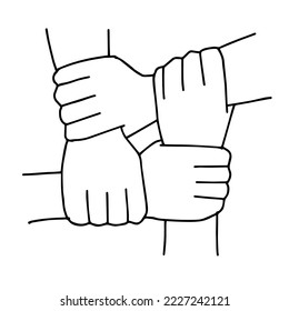 Four hands together concept teamwork united teamleading Arm interlocking with each other on wrist jointly collaboration