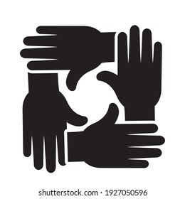 Four Hands Together Icon Over White Background, Silhouette Style, Vector Illustration