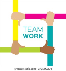Four hands together team work.  Hands of different colors, cultural and ethnic diversity. Vector illustration