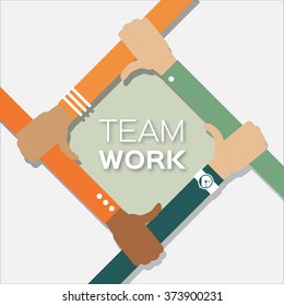 Four hands together team work.  Hands of different colors, cultural and ethnic diversity. Vector illustration