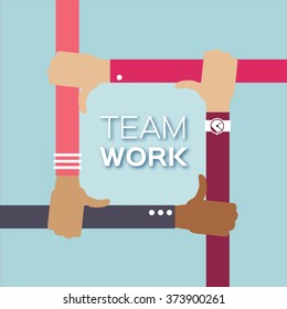 Four hands together team work.  Hands of different colors, cultural and ethnic diversity. Vector illustration
