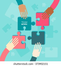 Four hands together team work.  Hands of different colors, cultural and ethnic diversity. Vector illustration