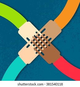 Four hands together team work. Paper cut Hands of different colors, cultural and ethnic diversity. Vector illustration