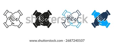 Four Hands In Unity Line And Solid Icon Set. Teamwork, Collaboration, And Partnership Symbol Collection. Business Cooperation And Support. Isolated Vector Illustration.