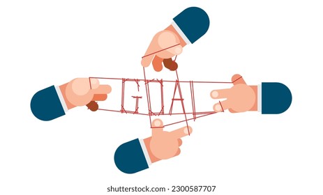 Four hands working together to weave a thread in the word goal, a metaphor for helping each other. It will be successful.