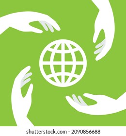 Four hands and world globe icon. Concepts of environmental issues, global connections, exploitation of planet Earth.