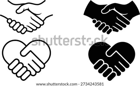 Four handshake icons with different styles and a heart shape incorporated