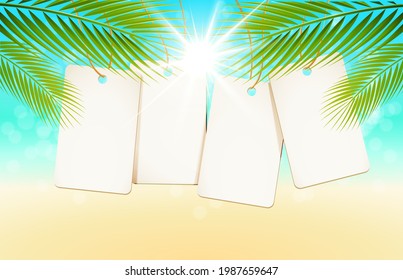 four hanging blank labels with sunny tropical background and palm leaves