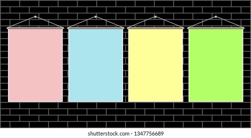 Four hanging colored paper sheets with blank space for your text on the brick wall. Vector design template mock up