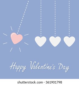 Four hanging hearts dash line. Perpetual motion. Happy Valentines Day. Love card. Rose quartz serenity color background. Vector illustration