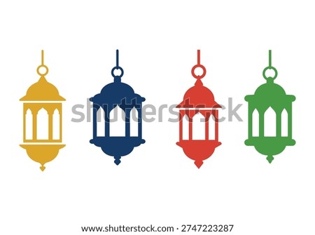Four hanging Ramadan lanterns in distinct colors - yellow, blue, red, and green - create a festive atmosphere for Islamic celebrations and decor.
