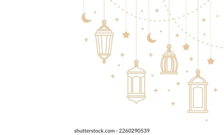 four hanging ramadan lanterns and islamic ornaments isolated on white background.