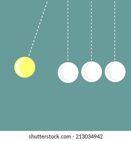 Four hanging round balls. White and yellow. Perpetual motion.  Vector illustration