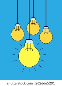 Four hanging yellow light bulbs with one bulb glowing brightly, symbolizing ideas, creativity, and innovation cartoon vector illustration