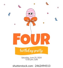 Four Happy Birthday party invitation in retro groovy style. Funky walking character and number 4. Vintage mascot psychedelic smile. Vector illustration 