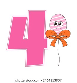 Four Happy Birthday party sticker in retro groovy style. Funky walking character and number 4. Vintage mascot psychedelic smile. Vector illustration 