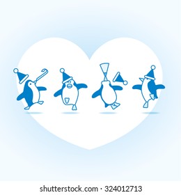 Four Happy Blue Penguins Dancing at a Party with White Heart on Pale Blue Background