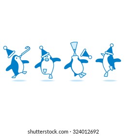 Four Happy Blue Penguins wearing Santa Hats Dancing at fun Party