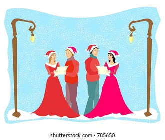 Four happy carolers in the snow