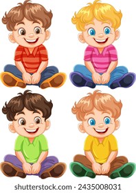 Four happy cartoon boys sitting and smiling.
