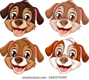 Four happy cartoon dog faces smiling.