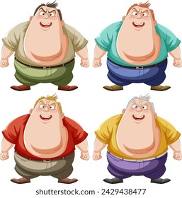 Four happy cartoon men in colorful outfits.
