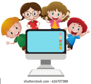 Four Happy Children Behind Computer Screen Illustration