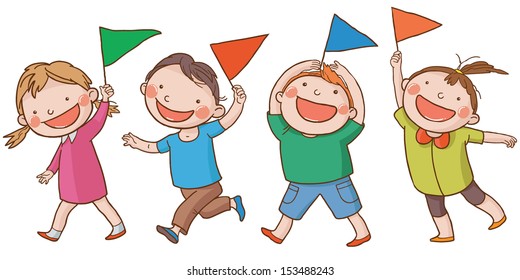 Four happy children with  little flags walking together. Back to School isolated objects on white background. Great illustration for a school books and more. VECTOR. Editorial. Education.