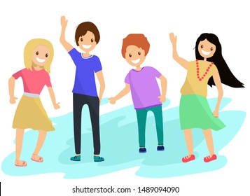 four happy children stand side by side on a white background. Friends, boys and girls. Bright colors flat vector illustration. Isolated on white background.