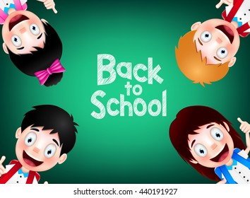 Four Happy and Cute Student Characters Wearing School Bag with Hand Gestures on Green Background. Vector Illustration
