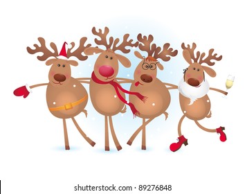 Four happy deers celebrating Christmas