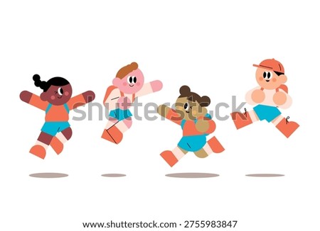 Four happy diverse school children leaping through the air with backpacks on a clean white background multiracial group of boys and girls running jumping smiling and celebrating back to school season in a vibrant flat vector illustration style with warm colors and clean lines for commercial education and youthful energy concepts.