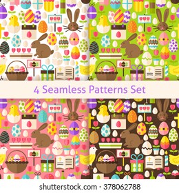 Four Happy Easter Holiday Seamless Patterns Set. Flat Design Vector Illustration. Tile Background. Set of Spring Christian Religion Items.