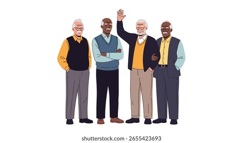 Four happy elderly men standing together smiling waving and embracing friendship and happiness
