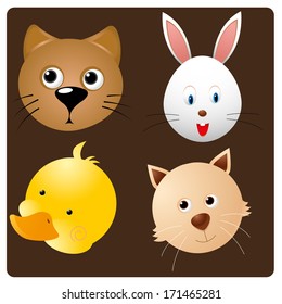 four happy faces of different pets in brown background