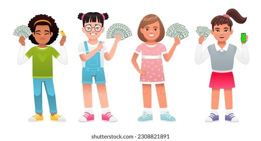 Four happy girls are holding dollar bills in their hands. A set of small businesswomen. Beautiful children with money in their hands. Vector cartoon illustration on a white background.