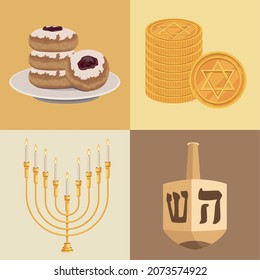 four happy hanukkah set icons