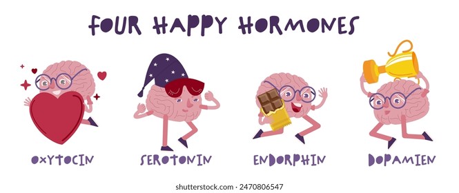 Four happy hormones. Dopamine, endorphin, serotonin, oxytocin. Important neurotransmitters. Landscape poster with creative characters. Editable vector illustration isolated on a white background.