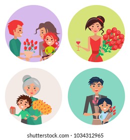 Four happy icons with flower and people on womens day vector illustration. Humans holds bouquet of tulips, decorated present and glass with wine.