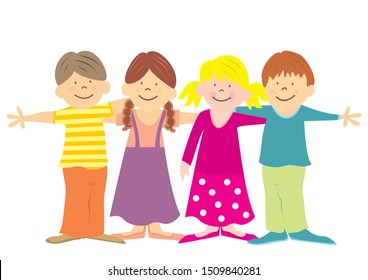 Four happy kids, boys and girls are hugging.