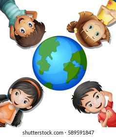 Four happy kids and round earth illustration