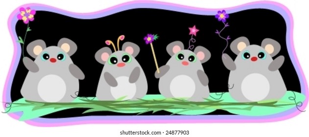 Four Happy Mice with Decorations Vector