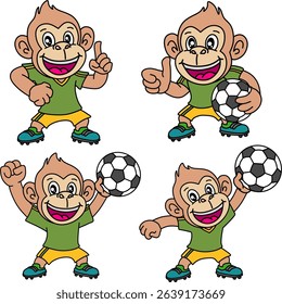 Four happy monkey football players in different poses