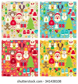 Four Happy New Year Patterns Set. Merry Christmas Flat Design Vector Illustration. Tile Background. Set of Winter Holiday Items.