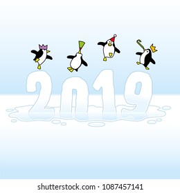 Four Happy Party Penguins Dancing on top of melting Year 2019 made of Ice