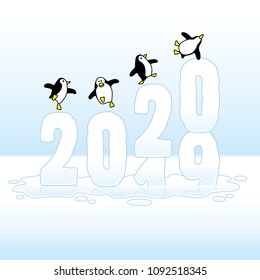 Four Happy Party Penguins Dancing on top of Frozen Changing Year 2019-2020 made of Ice